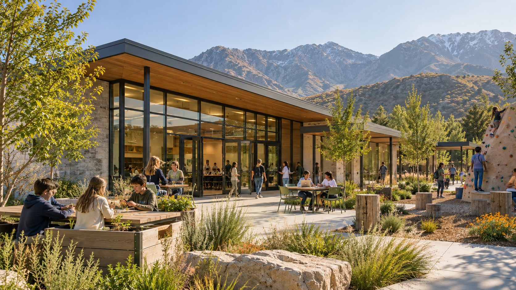 Compact Basecamp Lite campus opening to a landscaped outdoor learning courtyard