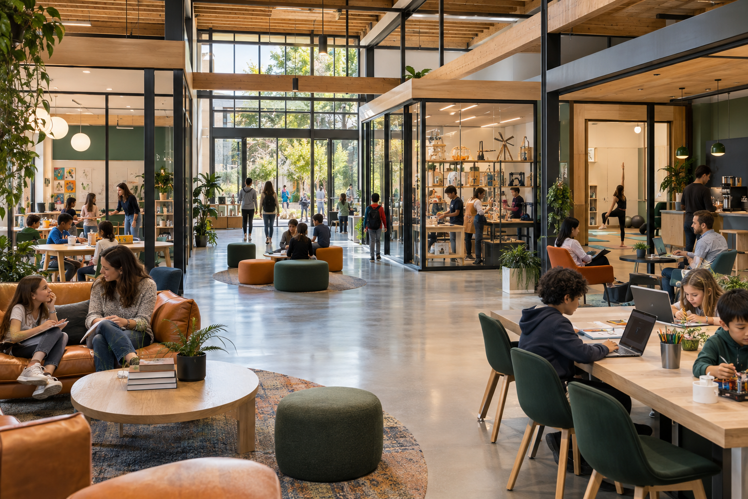 Interior commons connecting learning, entrepreneurship, wellness and family spaces