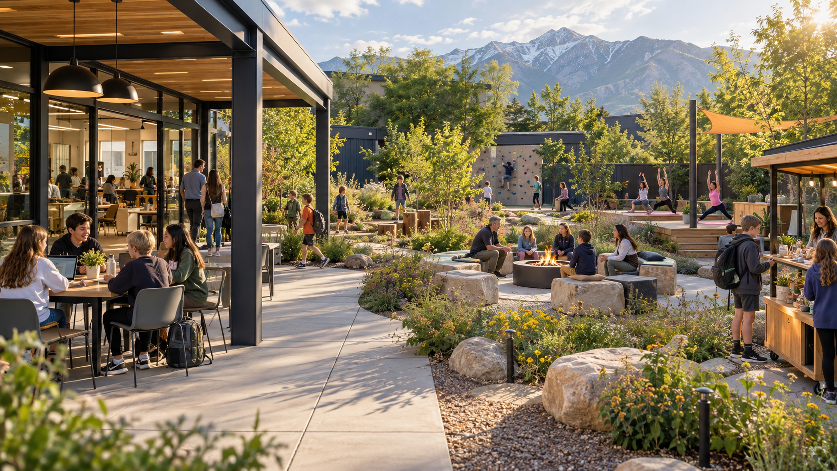 Compact Basecamp outdoor classroom, garden, wellness deck and student market